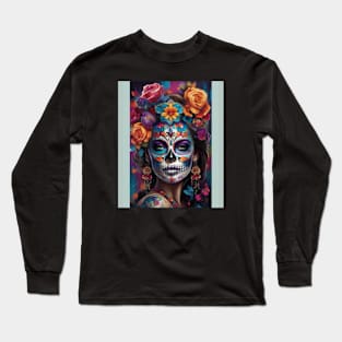 Woman in Stunning Sugar Skull Makeup Long Sleeve T-Shirt